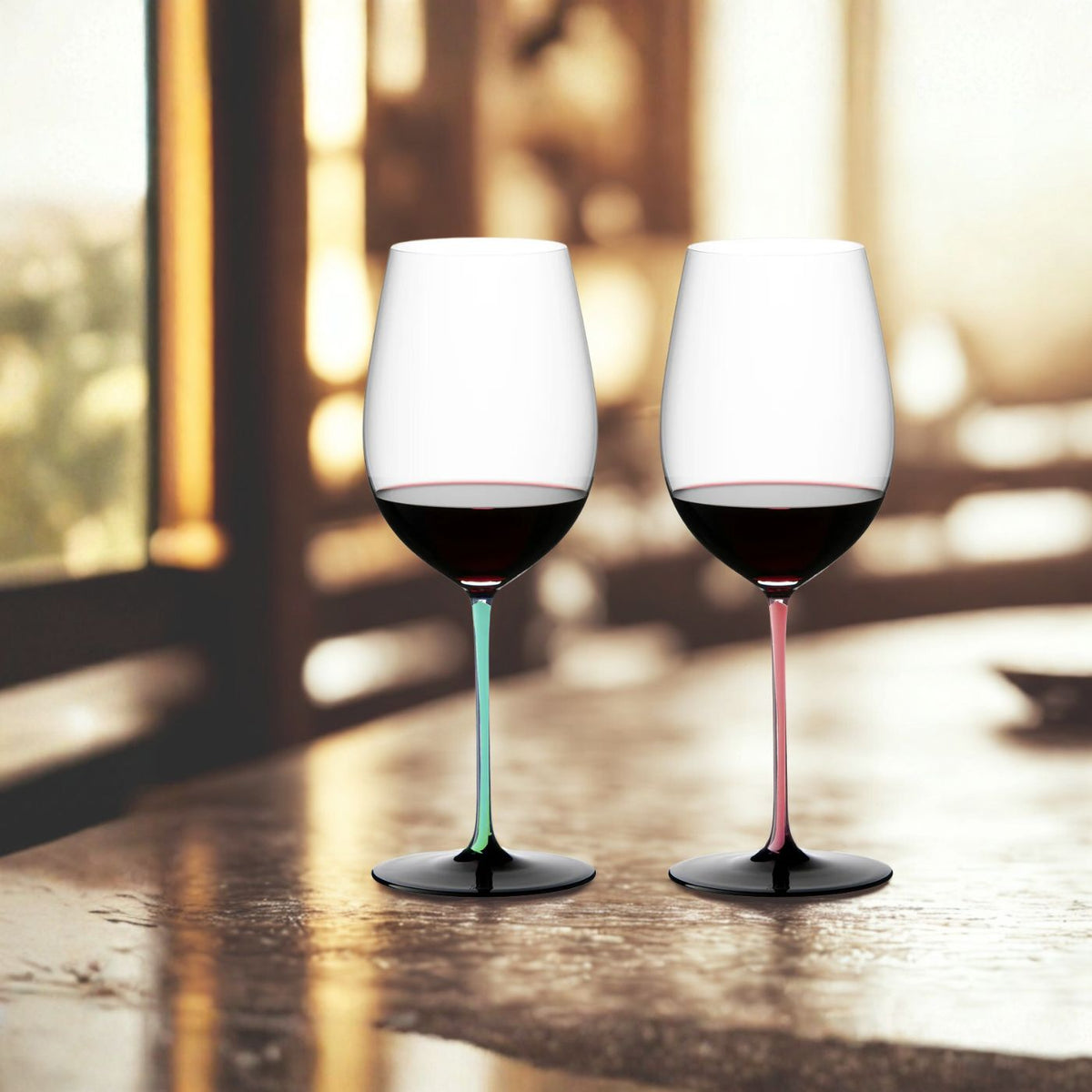 【居禮獨家】Riedel  時尚撞色Sommeliers Black Series Bordeaux 波爾多手工紅酒杯-粉紅薄荷綠限定款-2入+專用超纖細擦拭布