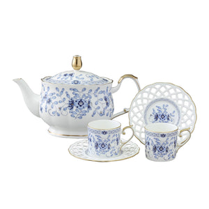 NARUMI 米蘭骨瓷茶壺+雕花咖啡杯組(160ml)-3入