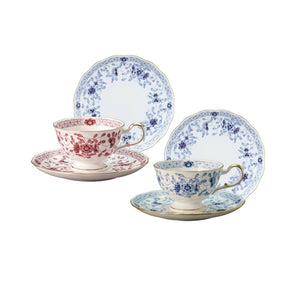 NARUMI 米蘭骨瓷茶杯2入組-紅+藍-210ml+點心盤2入-19cm