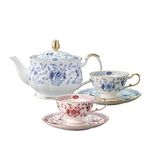 NARUMI 米蘭骨瓷茶壺+茶杯組(210ml)-紅+藍-3入