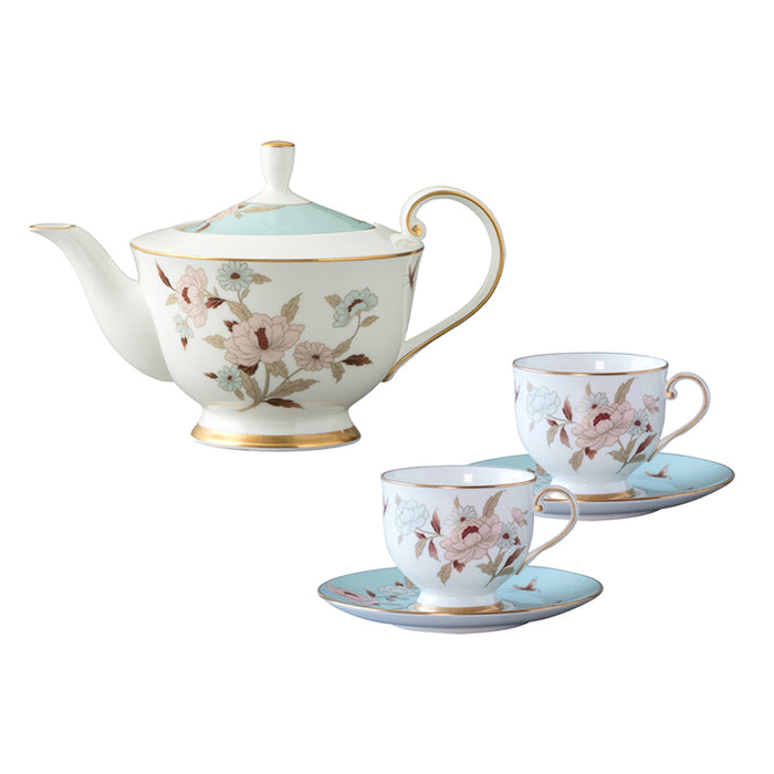 【新品】NARUMI 雅菊秋韻骨瓷茶壺+藍色茶杯三入組