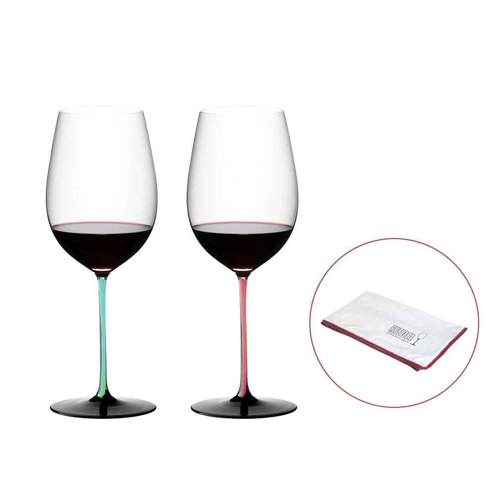 【居禮獨家】Riedel  時尚撞色Sommeliers Black Series Bordeaux 波爾多手工紅酒杯-粉紅薄荷綠限定款-2入+專用超纖細擦拭布