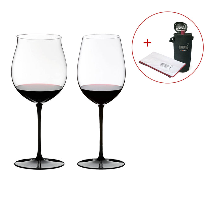 【新品/獨家限量】Riedel Sommeliers Black Series 勃根地+波爾多手工紅酒杯-黑梗黑底-2入 (加贈原廠擦拭布+原廠酒瓶保冷提袋)