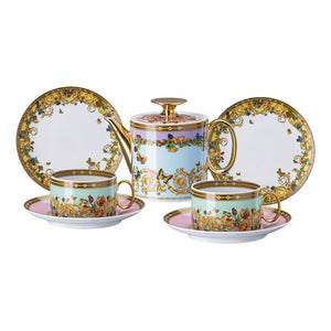 【新品】Versace 摩登凡賽斯花園茶壺茶杯組+21cm點心盤對盤-5入