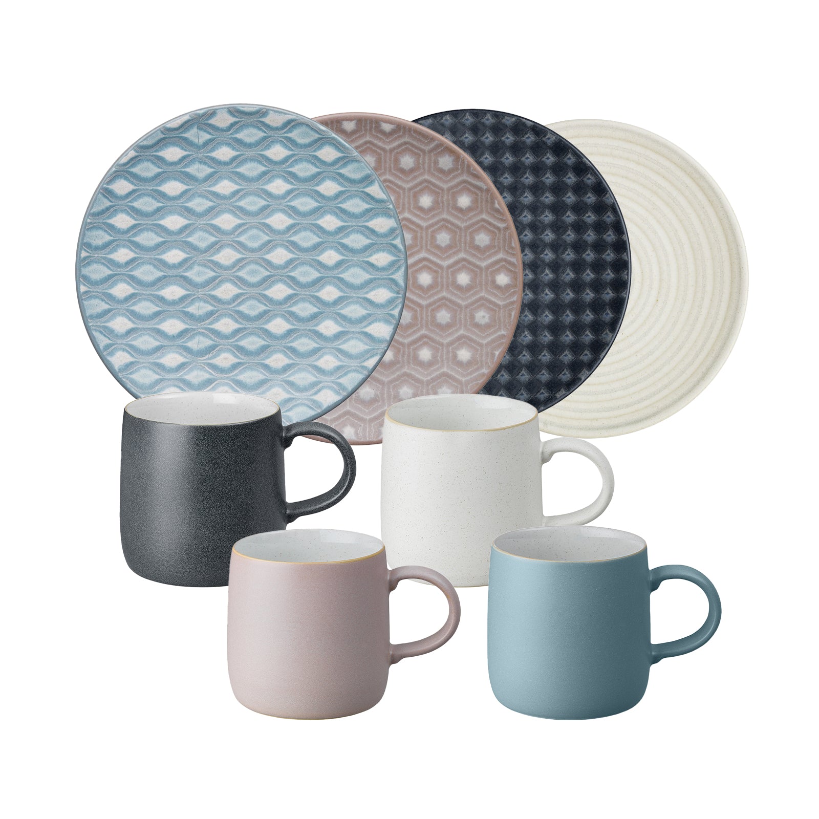 Denby 印象圖騰4色點心盤+印象4色馬克杯-8入