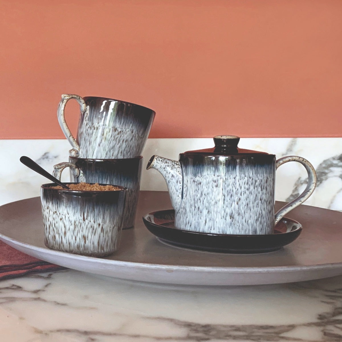 Denby 光環茶壺+茶杯/咖啡杯組-2入+點心盤-2入
